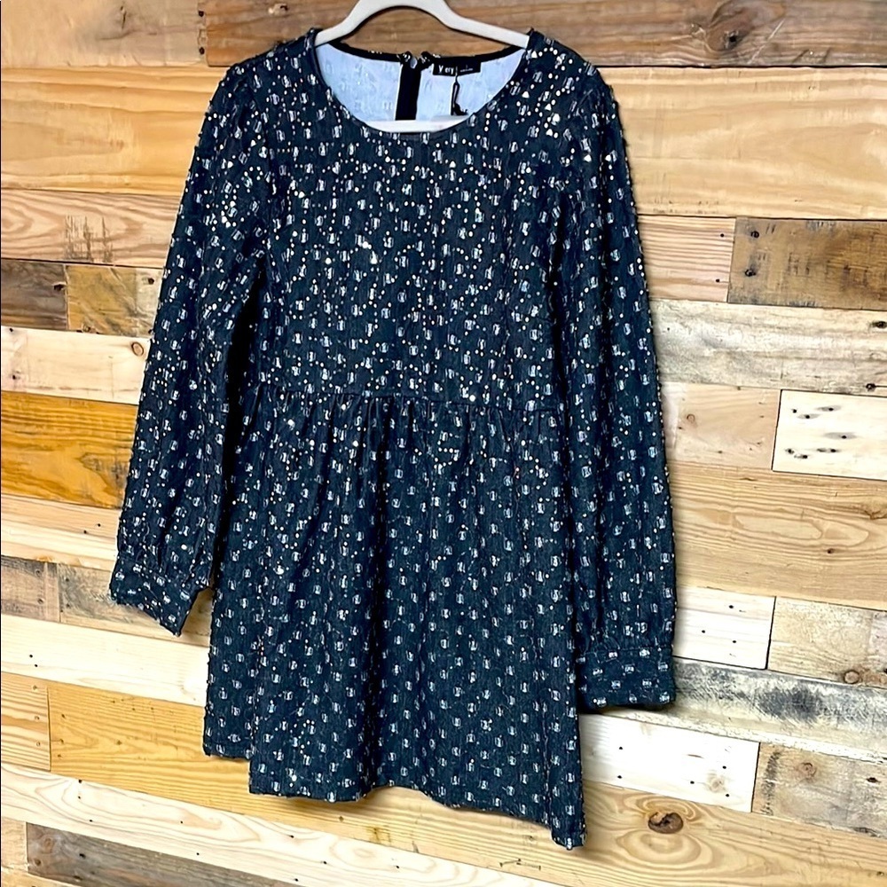 Very J Size L Elegant Silver Sparkle And Sequins Black Denim Long Sleeve Dress